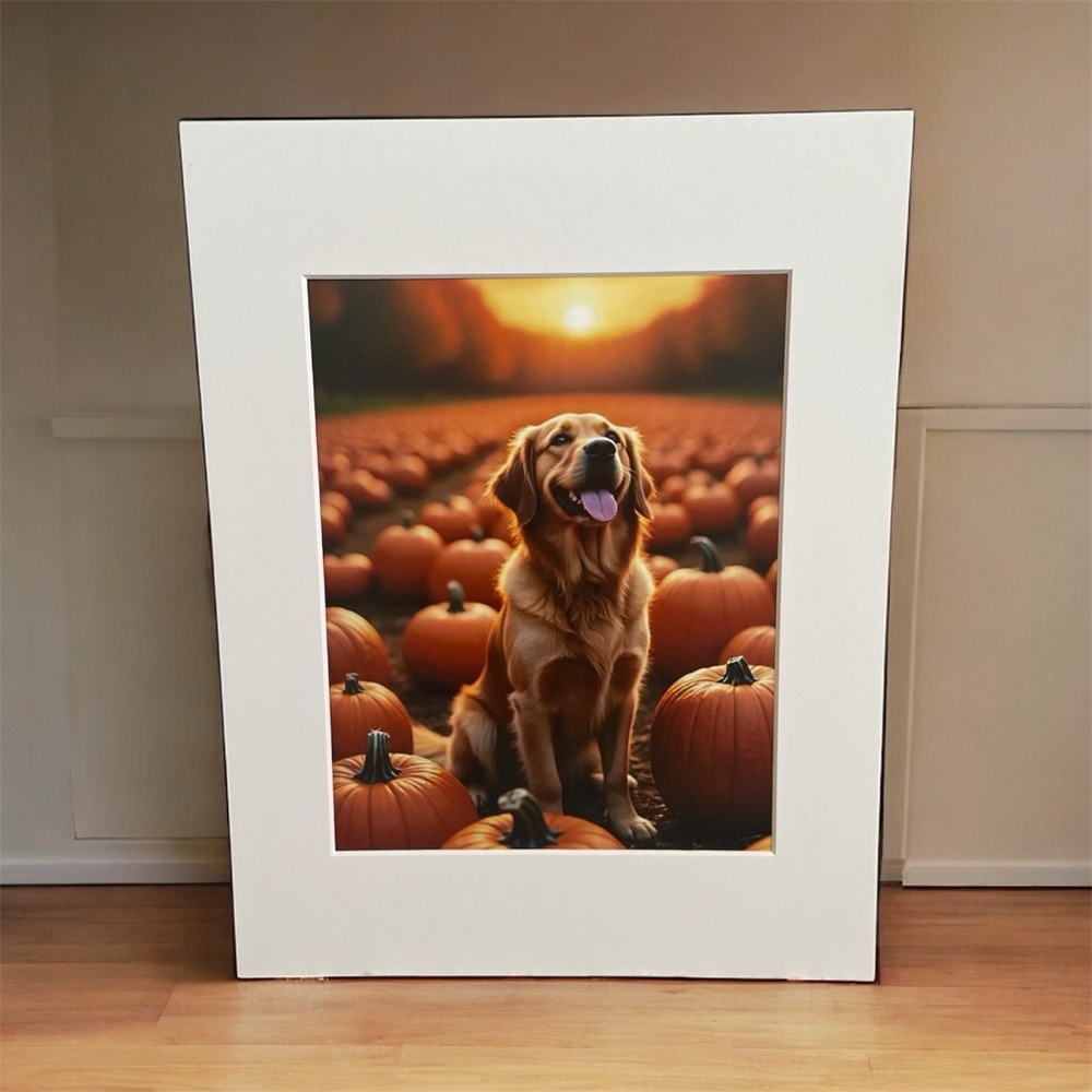 Golden Retriever Dog Photo Print 8x10 Matted to 11x14 Pumpkin Patch Home Decor